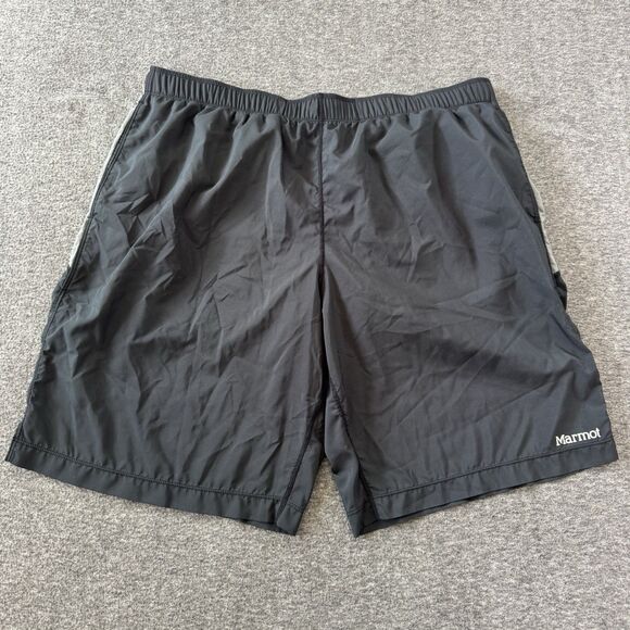 Marmot Lined Shorts Mens Large Drawstring Outdoor Hiking Black Logo 9” Inseam - Picture 1 of 11